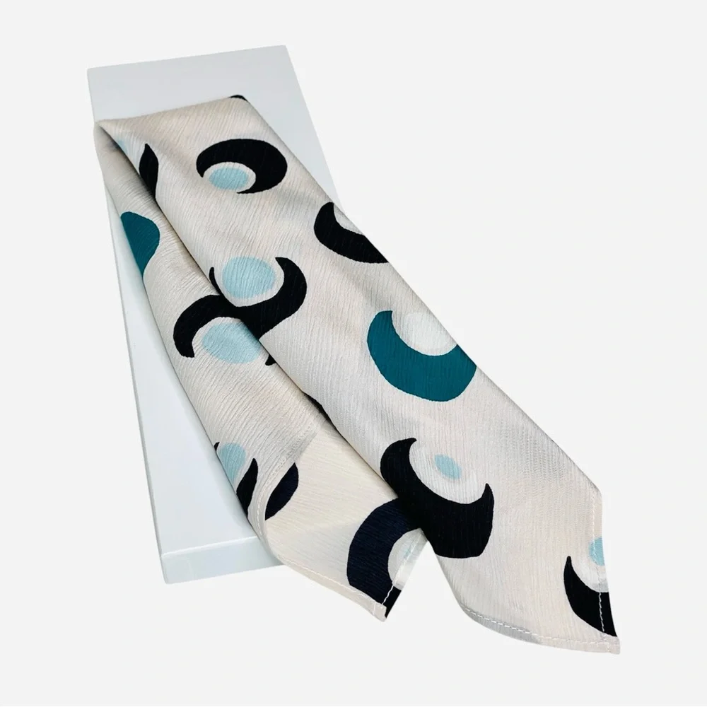 NWT SILKLETTE Half Moon Pattern 100% Fine Silk Kerchief Scarf Black+Blue